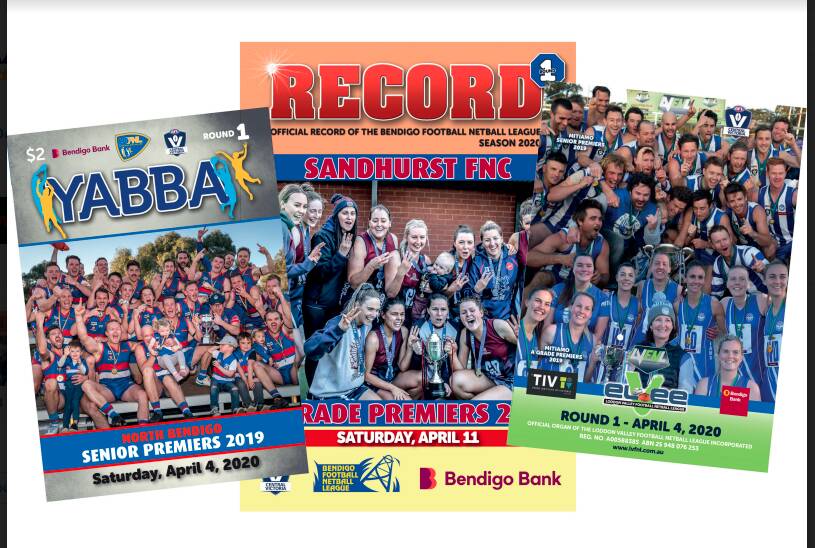 The covers of this year's unused programs for round one of the Heathcote District, Bendigo and Loddon Valley league seasons.