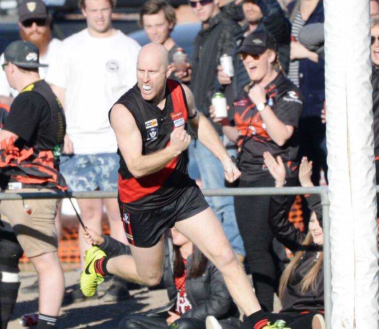Matt Perri after kicking one of his four goals for Leitchville-Gunbower in this year's HDFNL grand final. Picture: DARREN HOWE