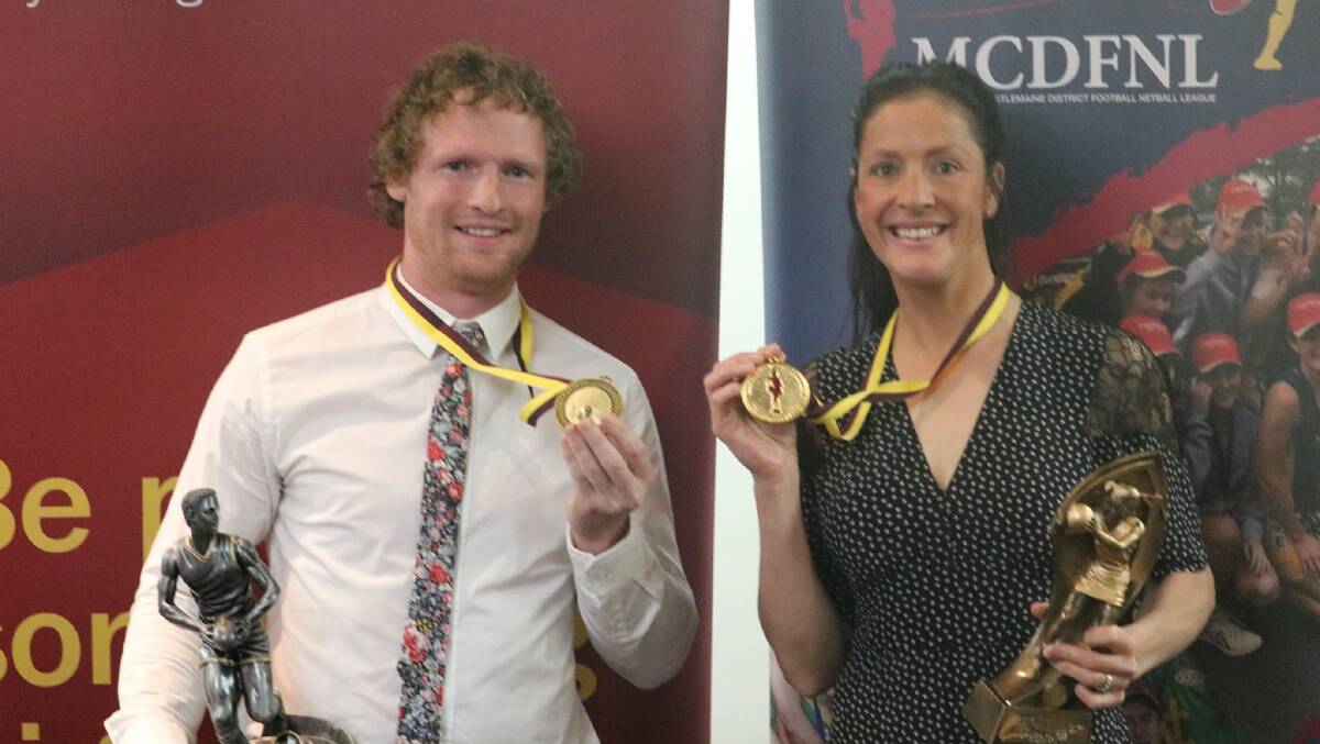 Carisbrook's Matt Bilton and Laura Hurse with their MCDFNL league medals. Picture: AFL GOLDFIELDS