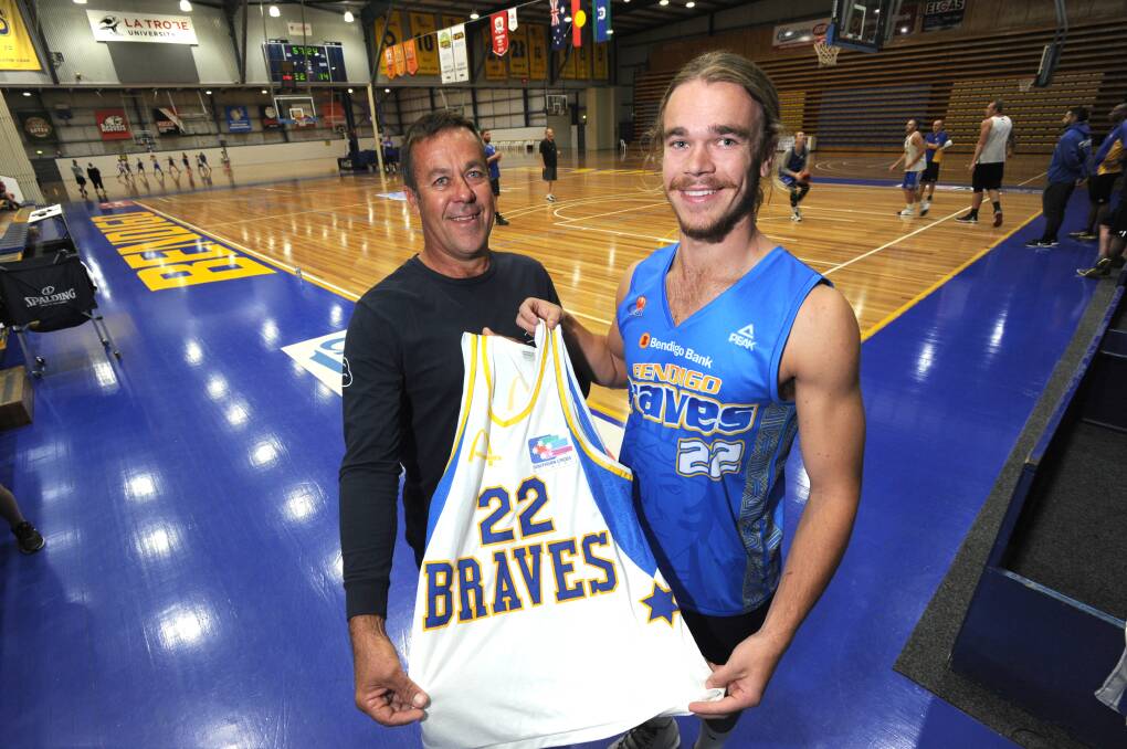 FAMILY TRADITION: Former Bendigo Brave David Beks and son Lewis Beks, 20, who will make his SEABL debut for the basketball club on Friday night. Picture: NONI HYETT