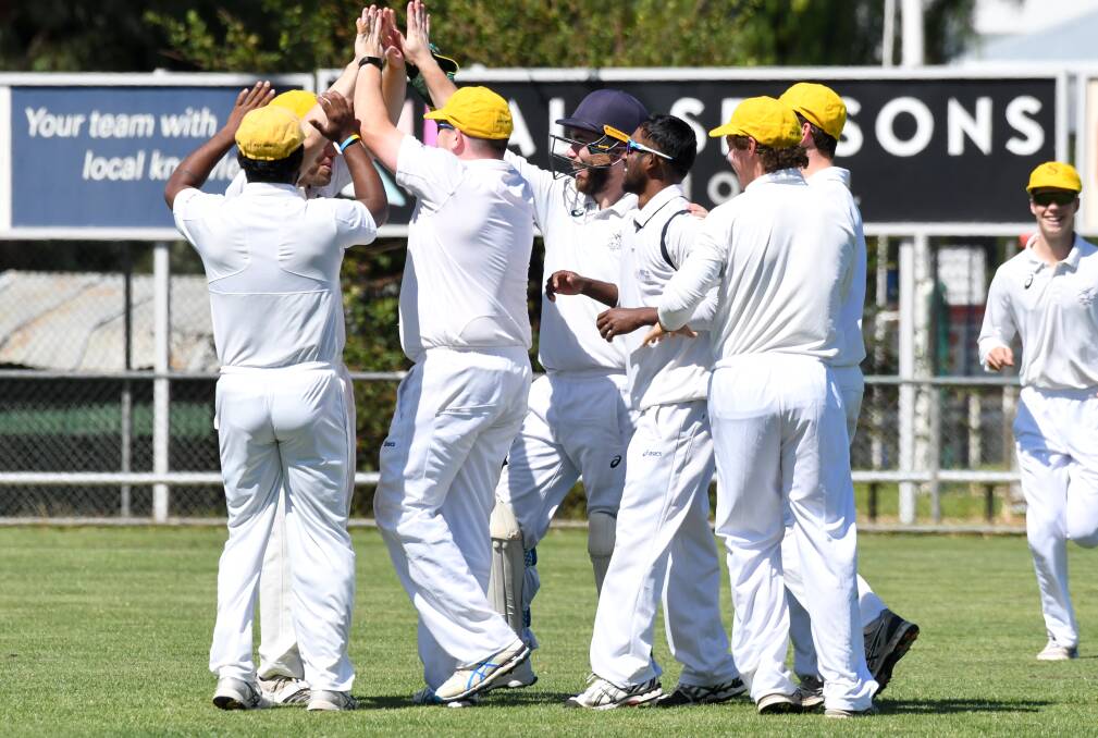 HANDS UP IF YOU'RE HEADED TO THE FINALS: Strathfieldsaye climbed into the top four after its win 71-run over Golden Square on Saturday. Picture: NONI HYETT