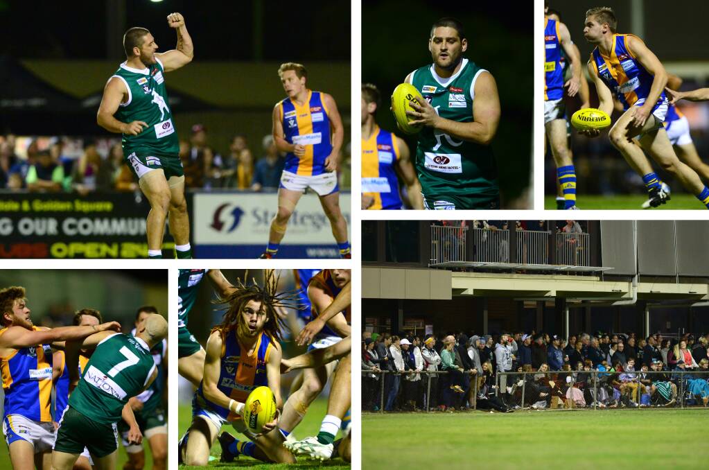 CRACKER OF A GAME: Action from the 2014 Good Friday encounter between Kangaroo Flat and Golden Square. Brendan Fevola kicked four goals for the Roos, but against the odds Golden Square won by six points.