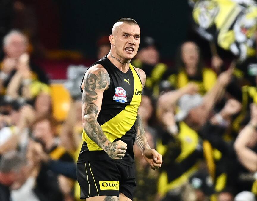 Dustin Martin after kicking one of his four grand final goals last week. Picture: GETTY IMAGES