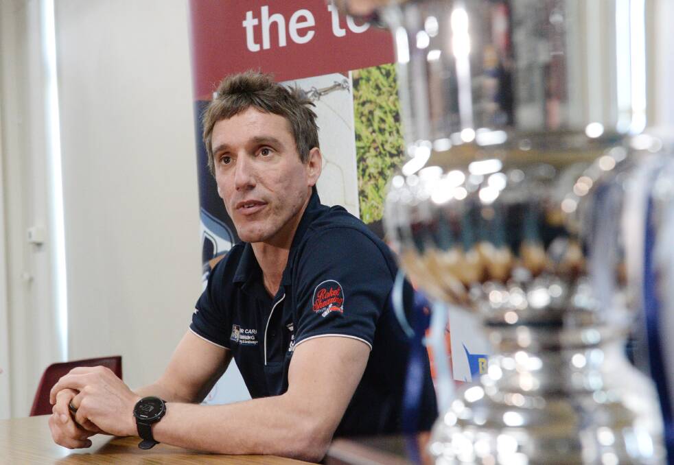 LEADER: Strathfieldsaye coach Troy Coates at this week's grand final press conference. Saturday's grand final will be Coates' last game as Storm coach.