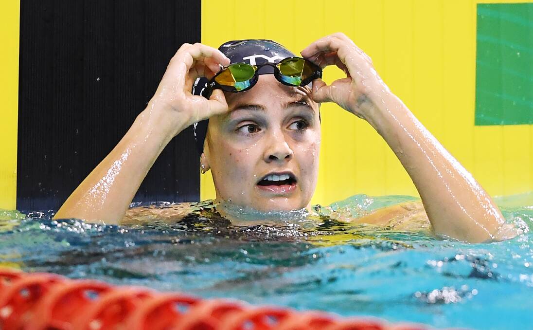 MEMORABLE NIGHT: Jenna Strauch checks her time after winning Wednesday night's women's 200m breaststroke final. Picture: GETTY IMAGES