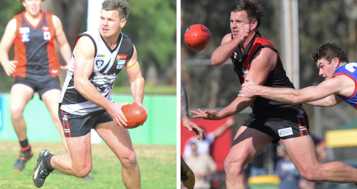 TWO SETS OF JUMPERS: Dual premiership midfielder Matt Pollock in Leitchville-Gunbower's clash strip on the left and regular guernsey on the right.