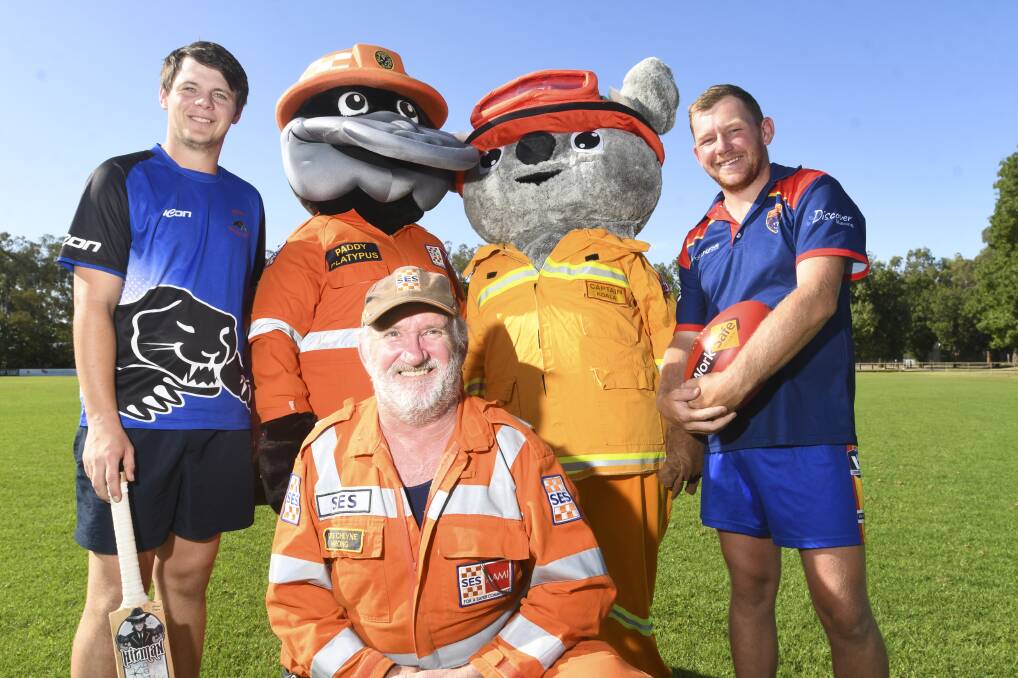 CRICKET FOR A CAUSE: David Blume (cricket captain), SES volunteer Greg Cheyne and Taylor Beard (football captain) with Paddy Platypus and Captain Koala ahead of Sunday's Twenty20 match at Malone Park. Picture: NONI HYETT