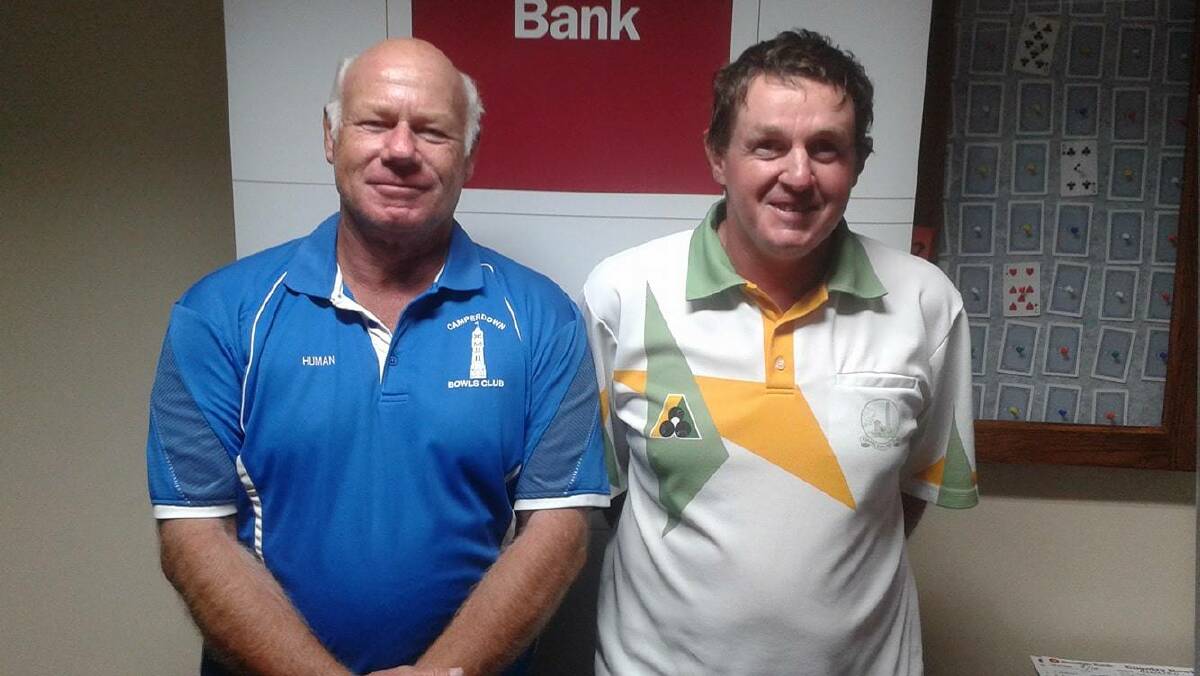 VICTORY: Camperdown's Gary Body and Terang's Jamie Heffernan after their win in Wednesday night's pairs final at Bendigo Country Week. Picture: CONTRIBUTED