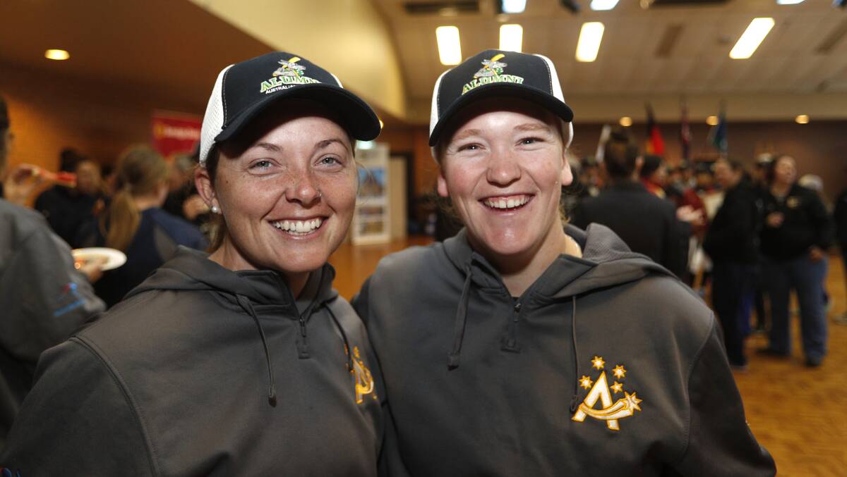 ALL SMILES: Australian players Amy Collins and Bronwyn Gell at Friday's civic reception.