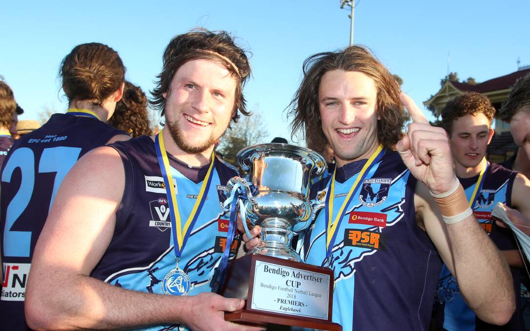 Eaglehawk's Tyler Miles and Jack Fallon with the Bendigo Advertiser premiership cup after Saturday's grand final win. Picture: GLENN DANIELS
