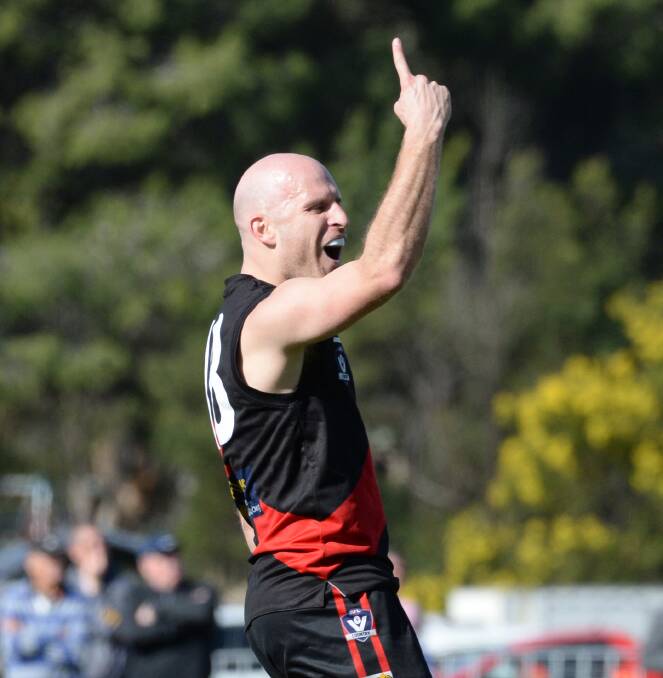 THROUGH THE BIG STICKS: Star forward Matt Perri after kicking one of his 342 goals during his four-year stint with Leitchville-Gunbower. Picture: DARREN HOWE