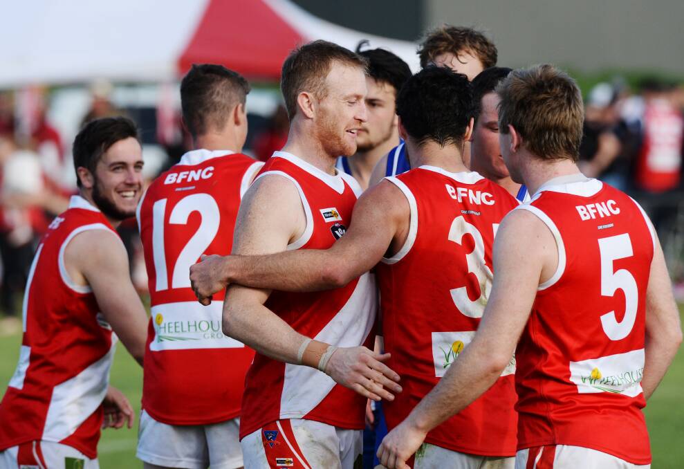 ON THE ROAD TO VICTORY: Bridgewater celebrates a goal during its 56-point win over Mitiamo in the 2015 grand final. The victory capped a 17-1 season.