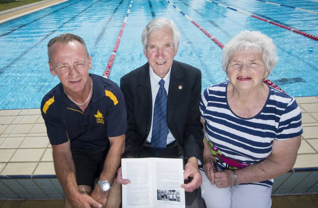 BIG WEEKEND: James Sherlock, Bruce Reid and Jan Spencely are gearing up for this weekend's celebrations at the Bendigo Aquatic Centre. Picture: DARREN HOWE
