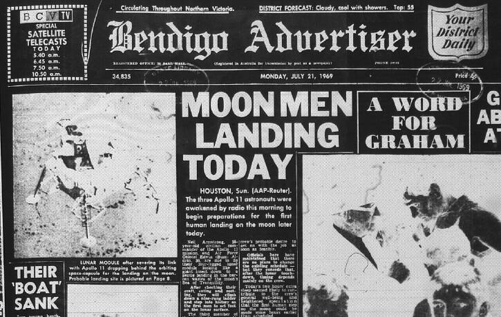 The July 21, 1969, front page of the Bendigo Advertiser - the day of the moon landing. 