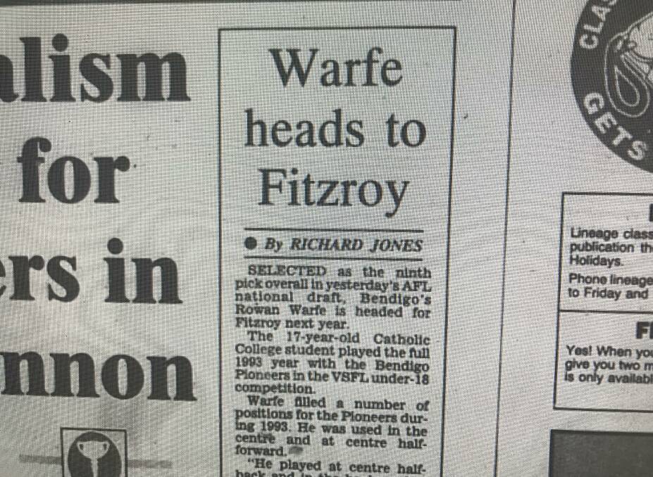 FLASHBACK: The back page report written by Richard Jones of Rowan Warfe's selection by Fitzroy in the October 30, 1993, edition of the Bendigo Advertiser.