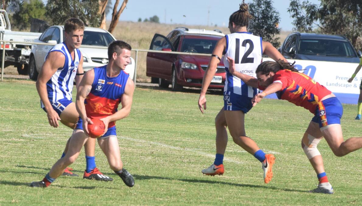 HEAVYWEIGHT BATTLE: Marong ended Mitiamo's 20-game winning streak with a 15-point victory on Saturday. The Panthers prevailed 13.11 (89) to 10.14 (74). Picture: KIERAN ILES