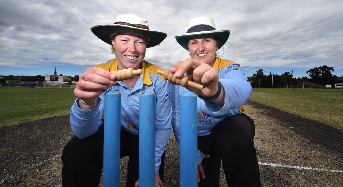 IN CHARGE: Bendigo Country Week cricket umpires Helen Wardlaw and Lisa McCabe officiated at Golden Square's MyJet Oval on Wednesday. Picture: NONI HYETT