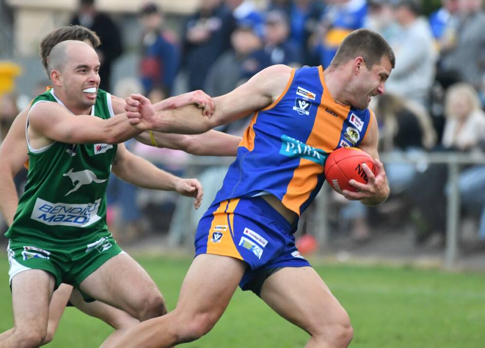 Golden Square midfielder Jordan Rosengren who had 36 possessions and 13 clearances was among the Bulldogs' best players in their 46th-straight win over Kangaroo Flat on Saturday. Picture by Adam Bourke