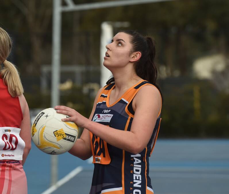 EAGLES SOAR: Maiden Gully YCW's Meg Patterson. The Eagles have been the best performed club on the netball court this year. Picture: NONI HYETT