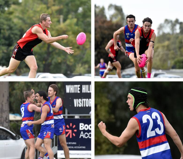 TIGHT CONTEST: Action from White Hills' 12-point win over North Bendigo at Scott Street on Saturday. The Demons prevailed 15.19 (109) to 14.13 (97) to win their first game of the season. Pictures: NONI HYETT