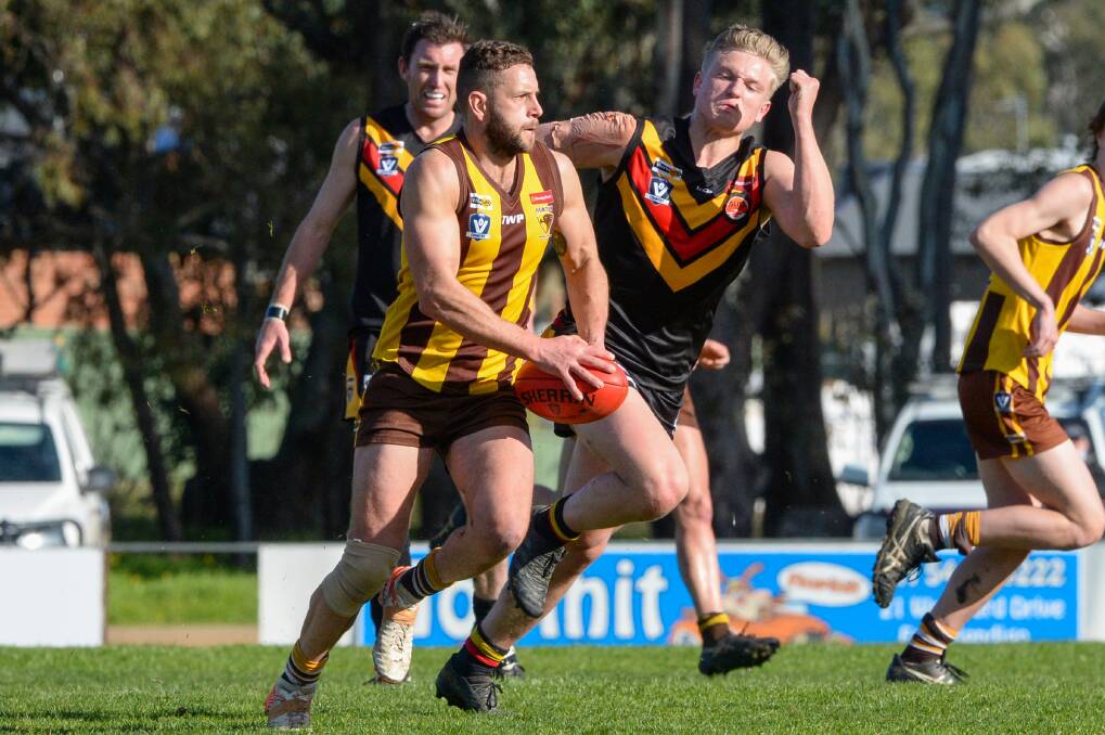 TOP GAME: Huntly star Ryan Semmel kicked five goals in the Hawks' 75-point win over Leitchville-Gunbower at home on Saturday. It was the Hawks' fifth win of the season. Picture: DARREN HOWE