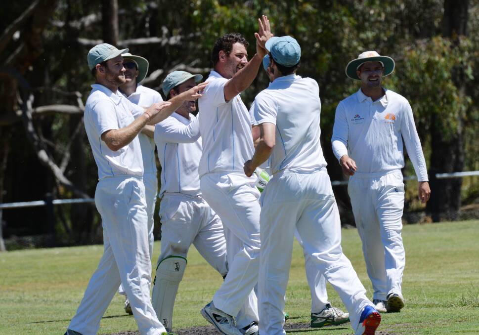 Strathdale-Maristians celebrates a wicket in its win over Golden Square. Picture: DARREN HOWE
