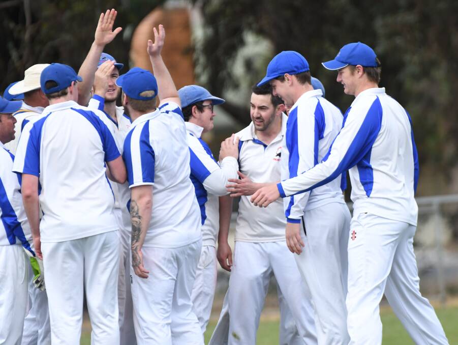 PANTHERS ON THE PROWL: Marong celebrates a wicket during its round four victory over California Gully. Picture: NONI HYETT
