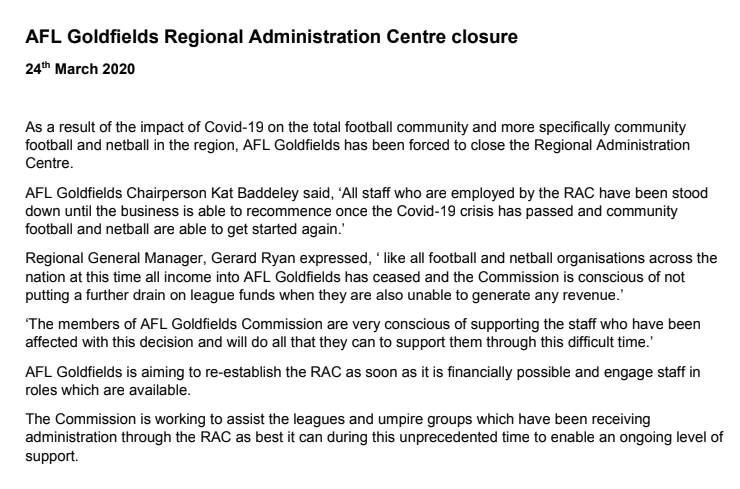 This week's announcement from AFL Goldfields.