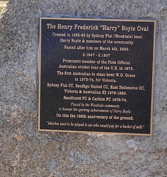The plaque in honour of Harry Boyle after the naming of the oval at Woodvale after him. Boyle played locally with Sydney Flat and Bendigo United.