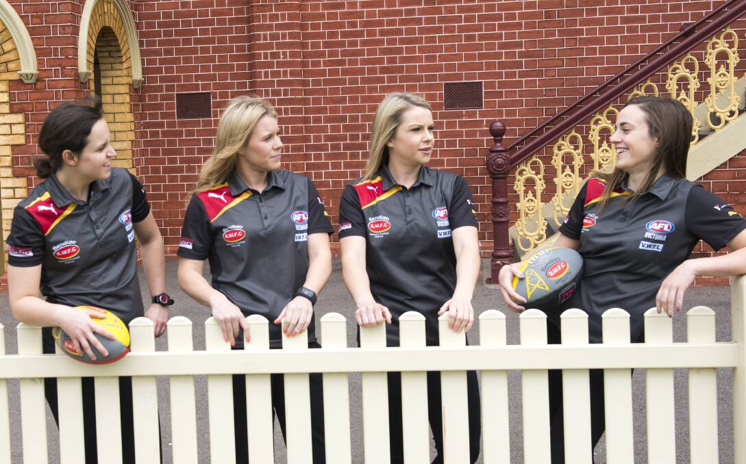 RELAXED: The Bendigo Thunder's Cass Mawby, Rebecca Pay, Hayley Trevean and Laura Flanagan ahead of the grand final. Picture: DARREN HOWE