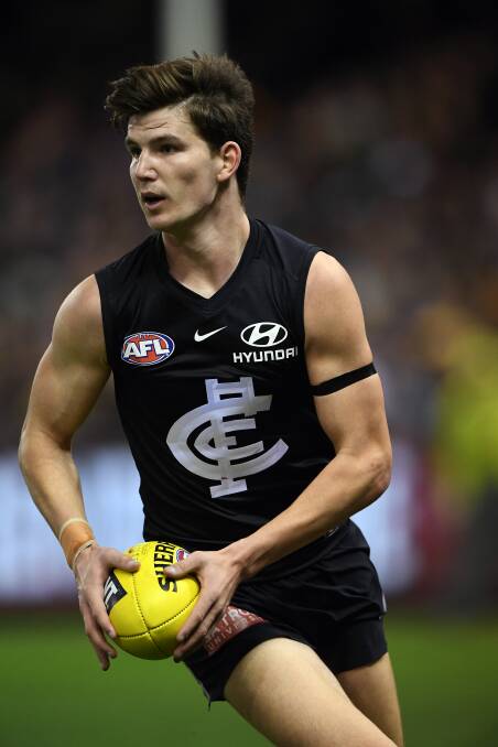 Angus Schumacher in his AFL debut for Carlton against West Coast on Sunday.