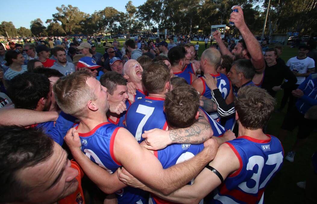 PARTY TIME: North Bendigo celebrates its 36-point win over Colbinabbin in the 2019 Heathcote District league grand final at Huntly. Picture: GLENN DANIELS