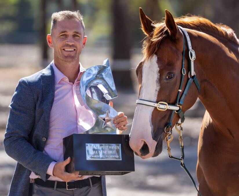 BACK HOME: Geelong skipper and Bendigo-raised Joel Selwood with Just Folk on Friday. Just Folk is 20th in All-Star Mile voting. Picture: RACING PHOTOS