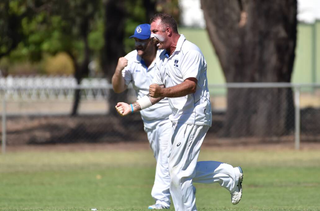 BIG MOMENT: California Gully's Brad Webster celebrates the wicket of Shaun Makepeace, which left Spring Gully reeling at 8-147. Pictures: GLENN DANIELS