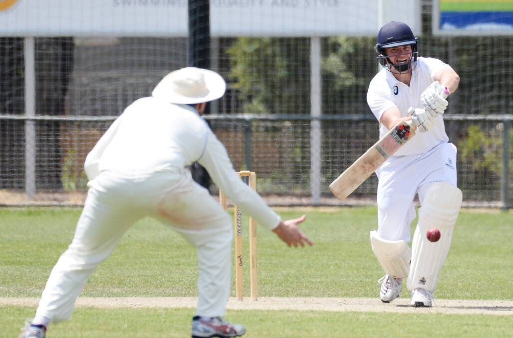HALF-CENTURY: Huntly-North Epsom opener Ryan Grundy (55) gets the ball past Golden Square captain Ben Gunn at Wade Street on Saturday. Picture: DARREN HOWE
