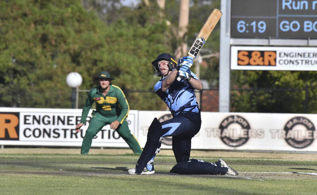 TEEING OFF: Eaglehawk's Russell Stockdale smashed three sixes in his quickfire 27 off 13 balls against Kangaroo Flat on Tuesday night. The Hawks won by one run at Canterbury Park. Picture: NONI HYETT