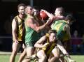 DEFENSIVE GRIND: Colbinabbin staved off a challenge from Huntly to win by 26 points at Strauch Reserve in round seven of the HDFNL season on Saturday. More pictures at www.bendigoadvertiser.com.au. Picture: NONI HYETT
