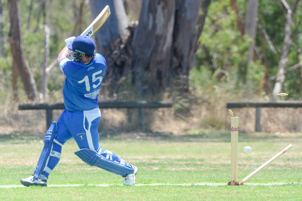 KNOCKED OVER: California Gully opener Jordan Knight is bowled by Axe Creek's Jarrett Miles for 34 in Saturday's match at Longlea. The Cobras won by two runs to notch their first victory of the EVCA season. Picture: DARREN HOWE
