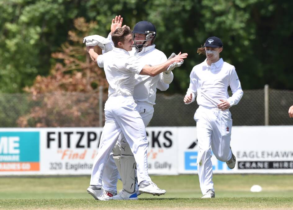 WELL BOWLED: Eaglehawk leg-spinner Russell Stockdale celebrates one his six wickets with wicket-keeper Matt Fitt last week.