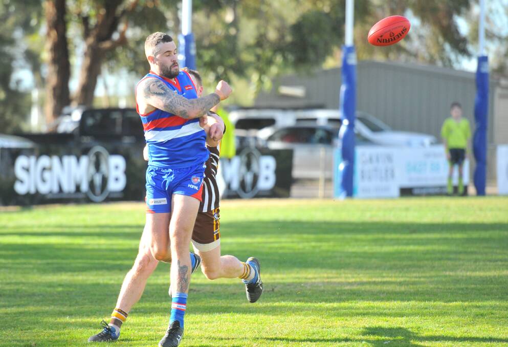 STRONG TARGET: Key forward Sean Christopher kicked five goals for North Bendigo in the Bulldogs' 34-point victory over Huntly on Saturday. The win kept the Bulldogs in second position on the ladder. Picture: ADAM BOURKE
