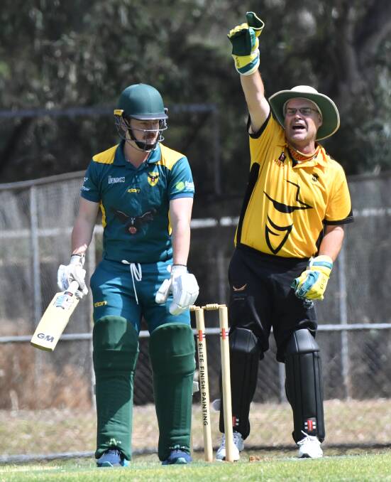 HOWZAT: Axe Creek wicket-keeper Mark Smith appeals for the wicket of Spring Gully opener Lachlan Brook in Saturday's EVCA match. Picture: NONI HYETT