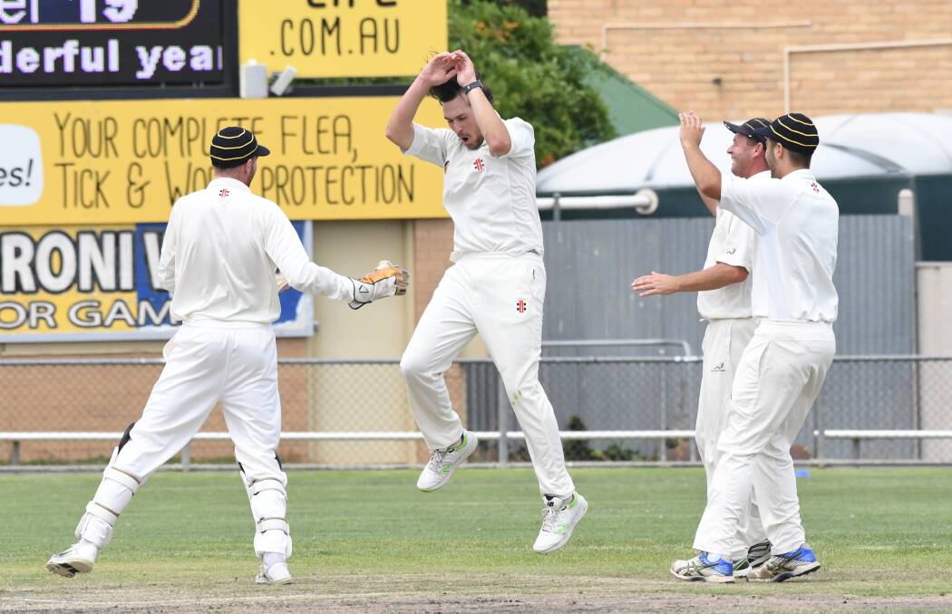 YOU BEAUTY: Bendigo's Matt Gray celebrates one of his four wickets on Saturday when he had Golden Square's Zane Keighran (30) caught by Kayle Thompson at Wade Street. Golden Square was all out for 175. Picture: NONI HYETT