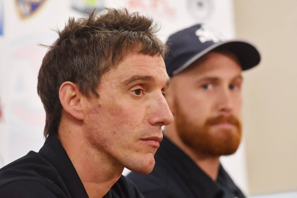 GAME FACES ON: Strathfieldsaye coach Troy Coates and Storm century goalkicker Lachlan Sharp at Wednesday's grand final press conference. Pictures: DARREN HOWE