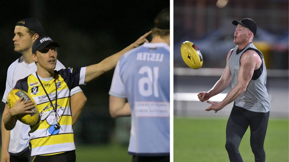 GRAND FINAL BERTH AT STAKE: Strathfieldsaye coach Troy Coates directs training at Tannery Lane on Tuesday night, while Daniel Connors (right) goes through his paces at training at the QEO on Thursday night. Pictures: NONI HYETT and GLENN DANIELS