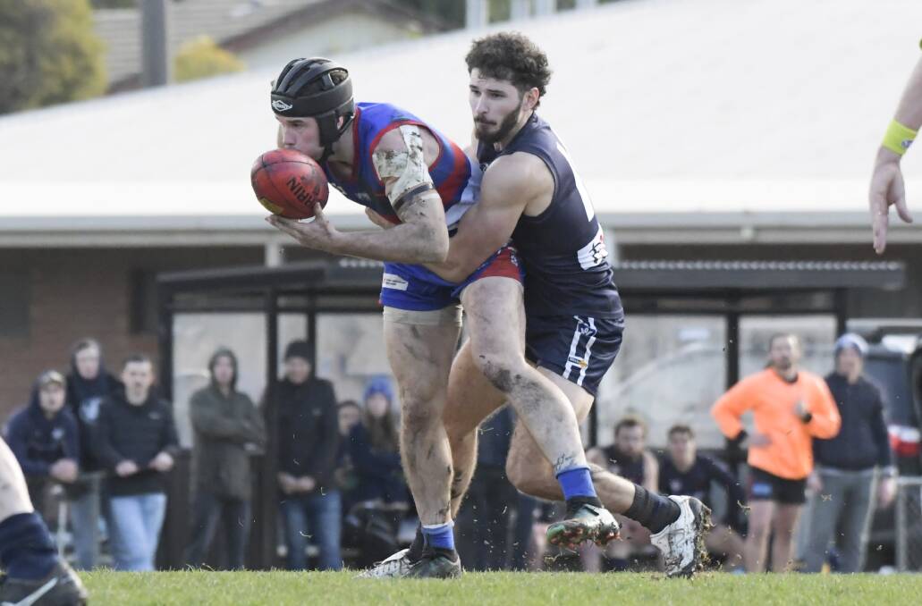 KEY PLAYERS: North Bendigo's Joel Helman and Mount Pleasant's Billy Mahony tussle for possession in last year's HDFNL preliminary final. There will be no HDFNL season this year after the league called it off last week due to the coronavirus pandemic. Picture: NONI HYETT