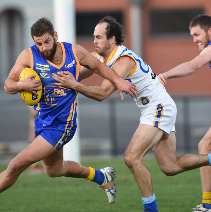 STEPPING UP: Ryan Semmel playing for Heathcote District against Central Murray in their 2015 inter-league match at the QEO. Semmel was one of the best and kicked two goals in a 29-point win.