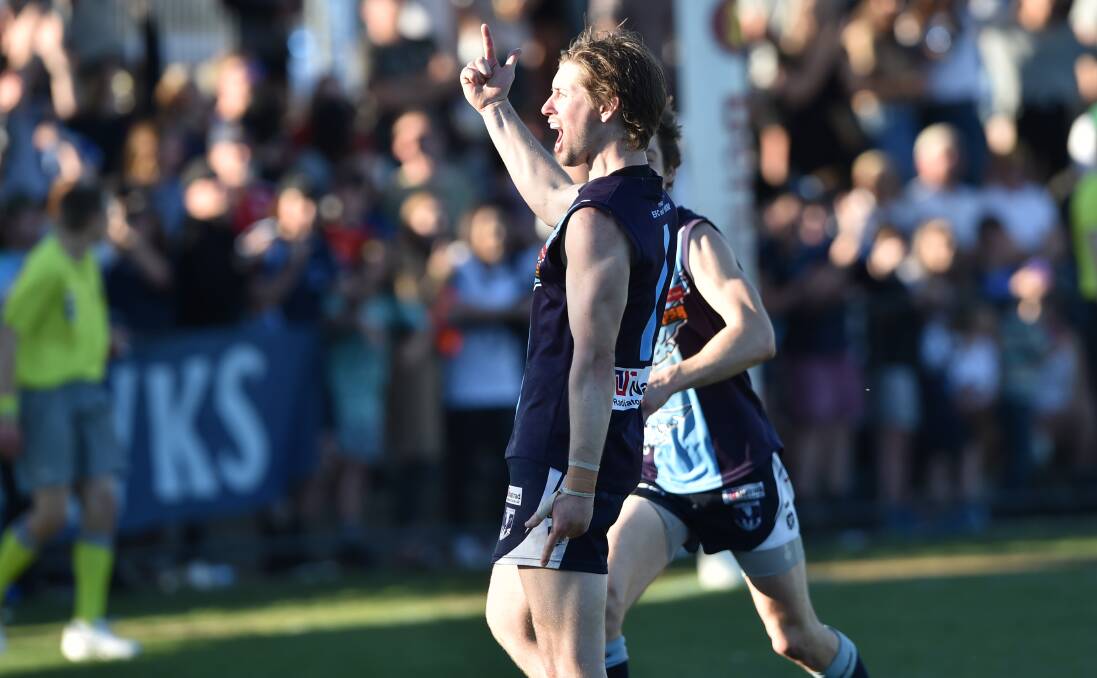 ON THE MOVE: Sean Williams celebrates one of his five goals for Eaglehawk in the 2018 BFNL grand final. Williams is another player on the move from the Hawks having signed with Marong. Picture: GLENN DANIELS