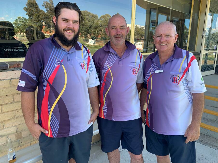 THREE GENERATIONS: Charlie, Leigh and Mick Manning played in the same lawn bowls team for the first time at Bendigo last Saturday. Picture: GEOFF BRIGGS