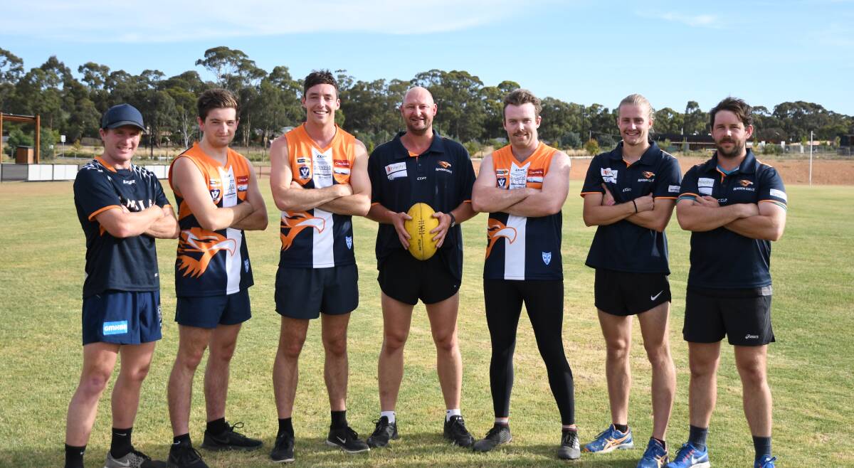 RECRUITS: New Maiden Gully YCW players Ryan Walker, Carl Rohde, Clint Angove, coach Wayne Mitrovic, Tyson Cope, Hamish McCartney and Daine Lowry. Picture: ADAM BOURKE