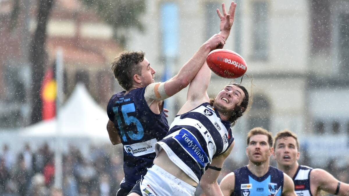 RIVALS: Action from last year's BFNL senior grand final between Strathfieldsaye and Eaglehawk at the QEO. There are plenty of question marks around when this year's season will start and what structure it will take given the uncertainty caused by the coronavirus crisis.